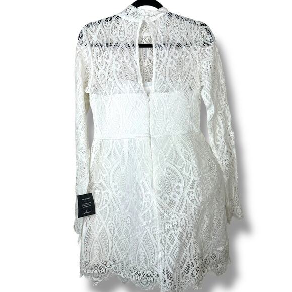 Lulus NWT Gorgeous Attraction White Sheer Lace Structured Long Sleeve Mini Dress - Picture 7 of 11